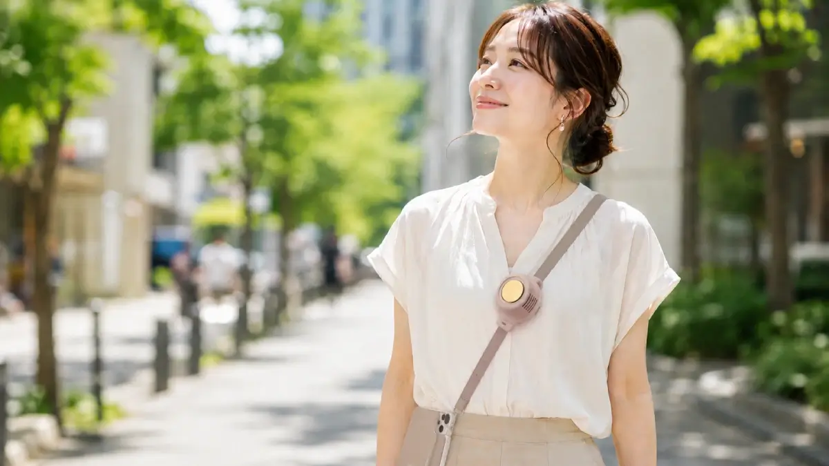 スマホショルダーにクリップファンをつけて夏の街を歩く女性