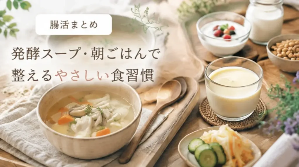 明るいダイニングテーブルの上に並べられた発酵スープやスムージー