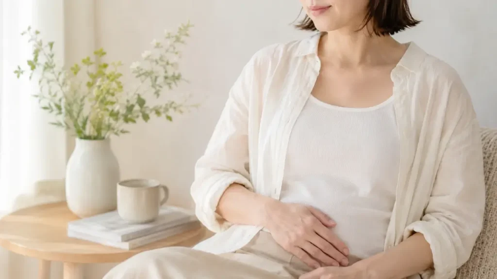 お腹にそっと手を添えて穏やかな表情をしている女性