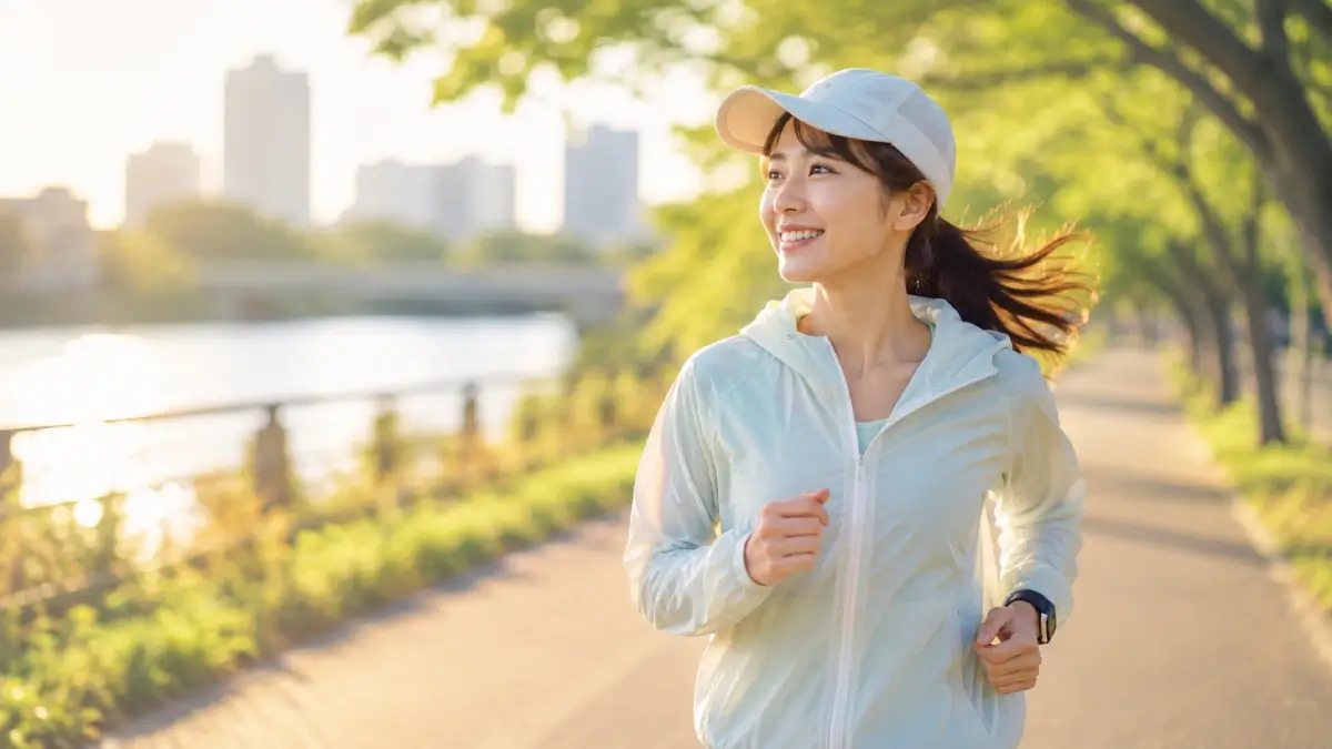 朝の公園をゆっくり走る女性