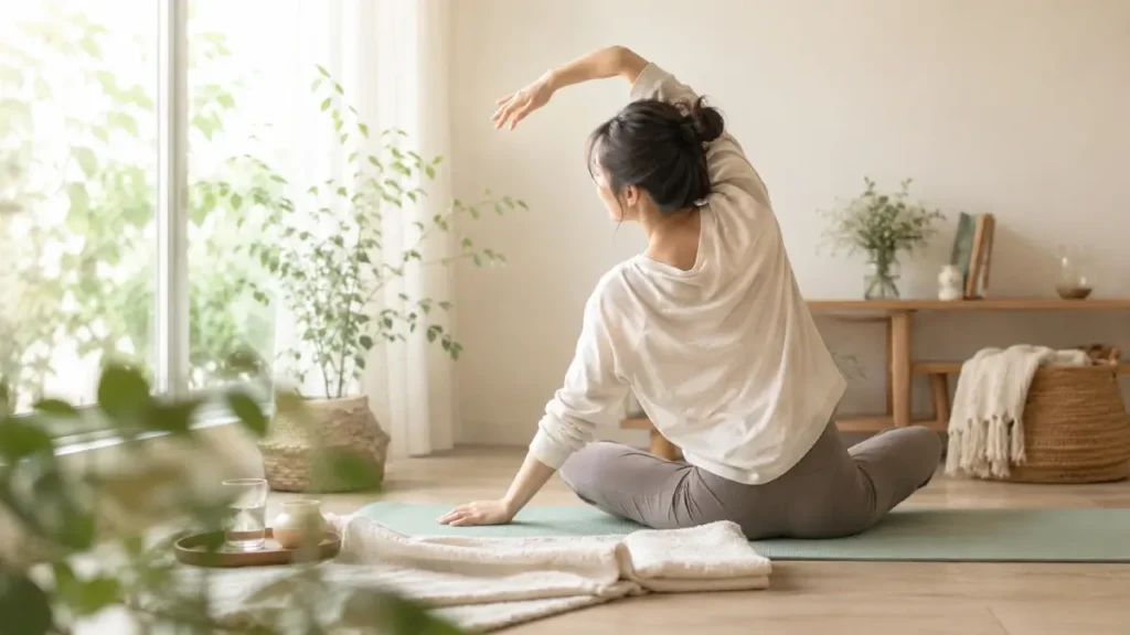 朝の光が入る部屋でゆるくストレッチをしている女性