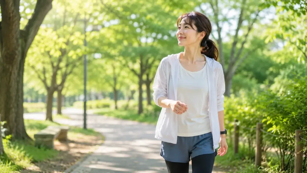 夏の朝、公園を気持ちよくウォーキングする女性
