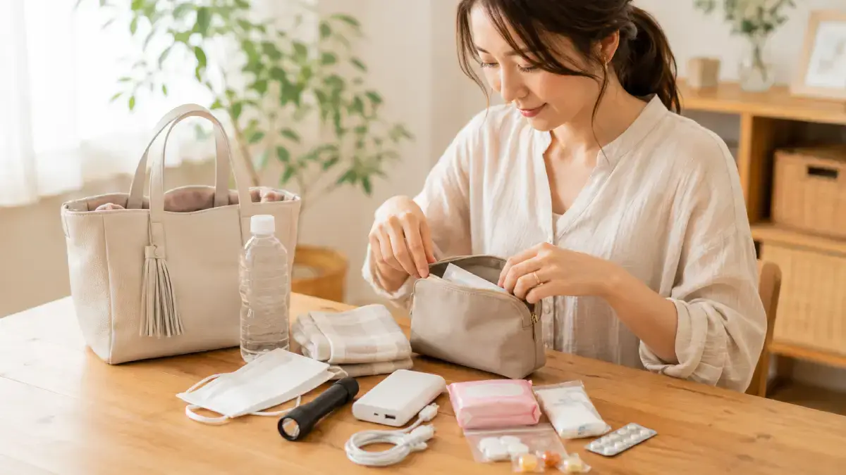 普段のバッグに入れる防災ポーチと持ちものを確認する女性