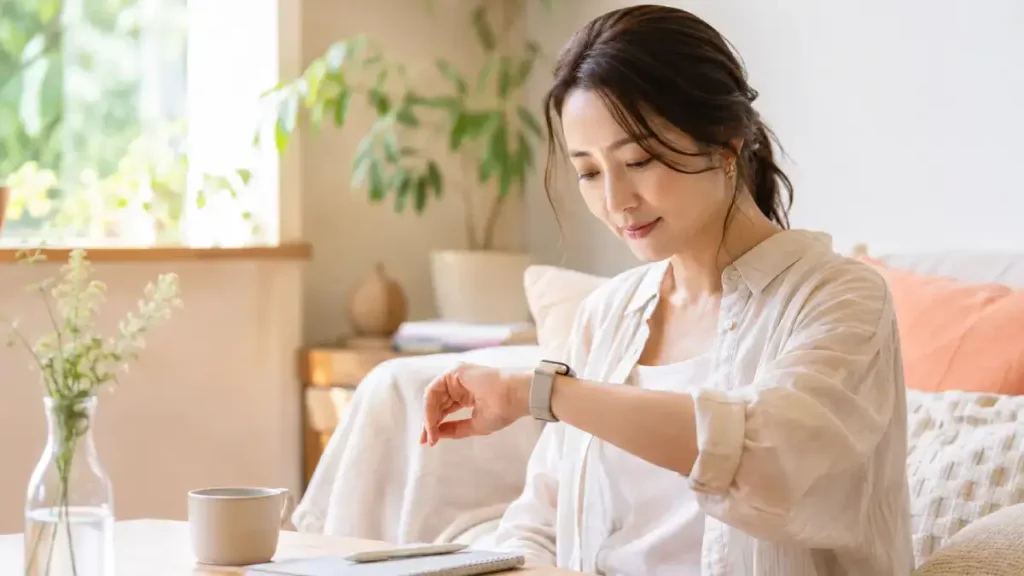 リモートワーク中にスマートウォッチを確認する女性