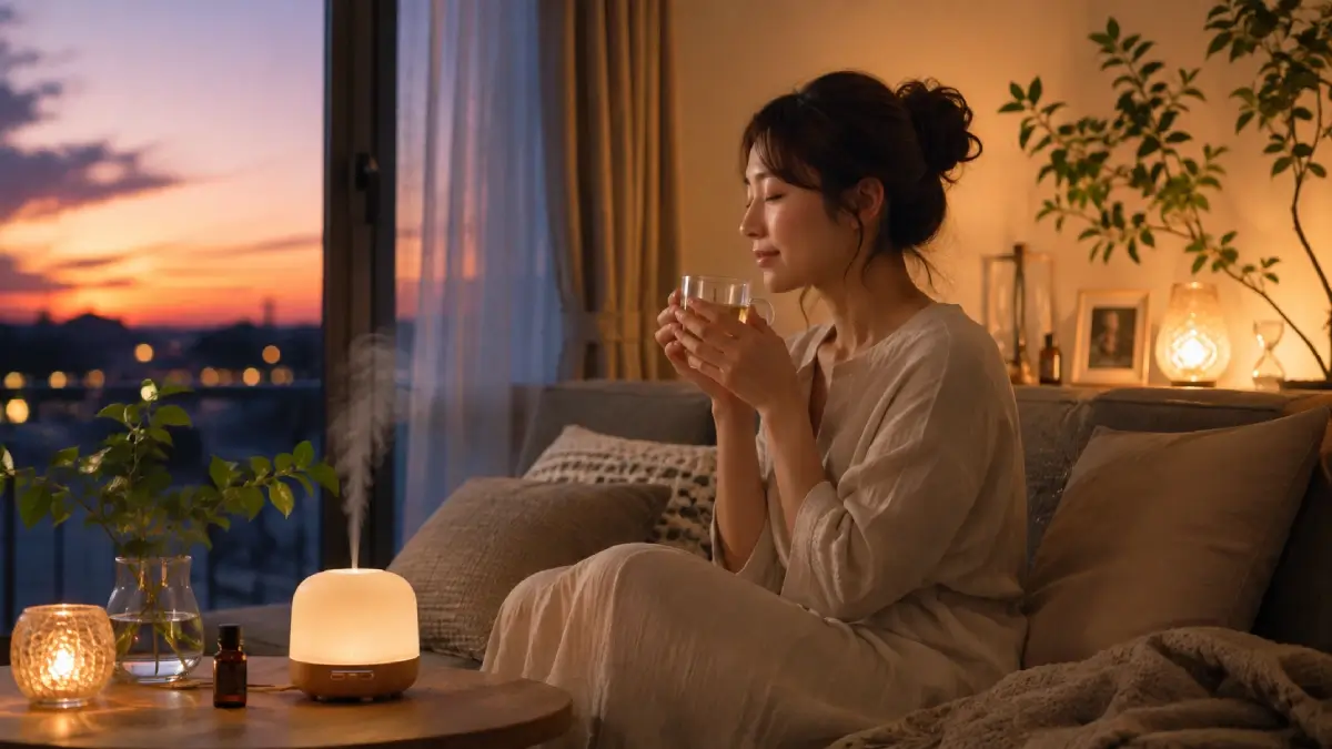 夕暮れの部屋でハーブティーを飲みながらアロマとともにリラックスする女性