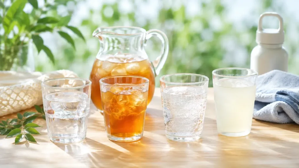 夏のテーブルに水・麦茶・炭酸水・スポーツドリンクを並べた様子