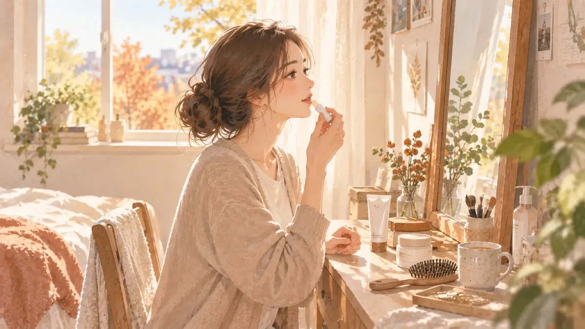 秋の朝、鏡の前でリップクリームを塗り乾燥ケアをする女性