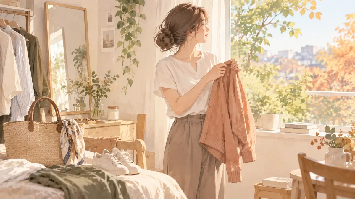 初秋の朝、薄手のカーディガンを手に外出の準備をする女性
