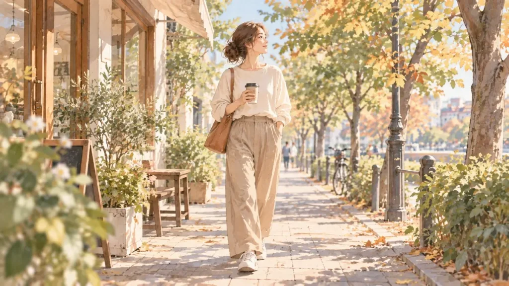初秋の街を普段着でのんびり散歩する女性