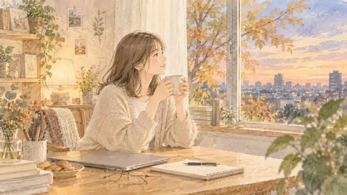 秋の夕方、仕事を終えて温かい飲み物でひと息つく女性