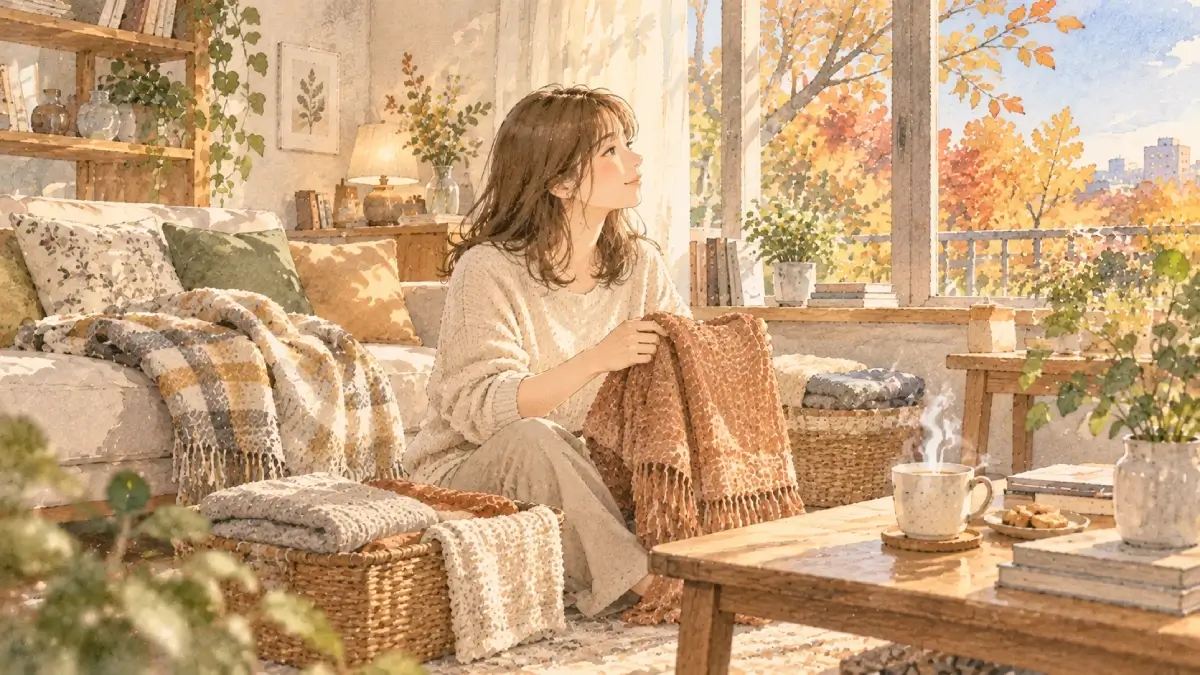 晩秋のリビングで毛布やカーディガンを用意し、冬支度をする女性