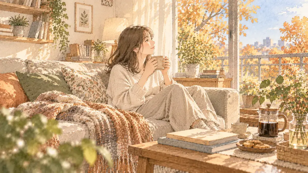 秋の休日、ソファでコーヒーを飲みながらゆっくり過ごす女性
