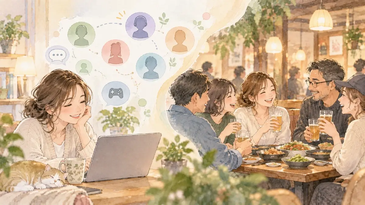 オンラインゲームでつながった仲間と実際に交流する女性